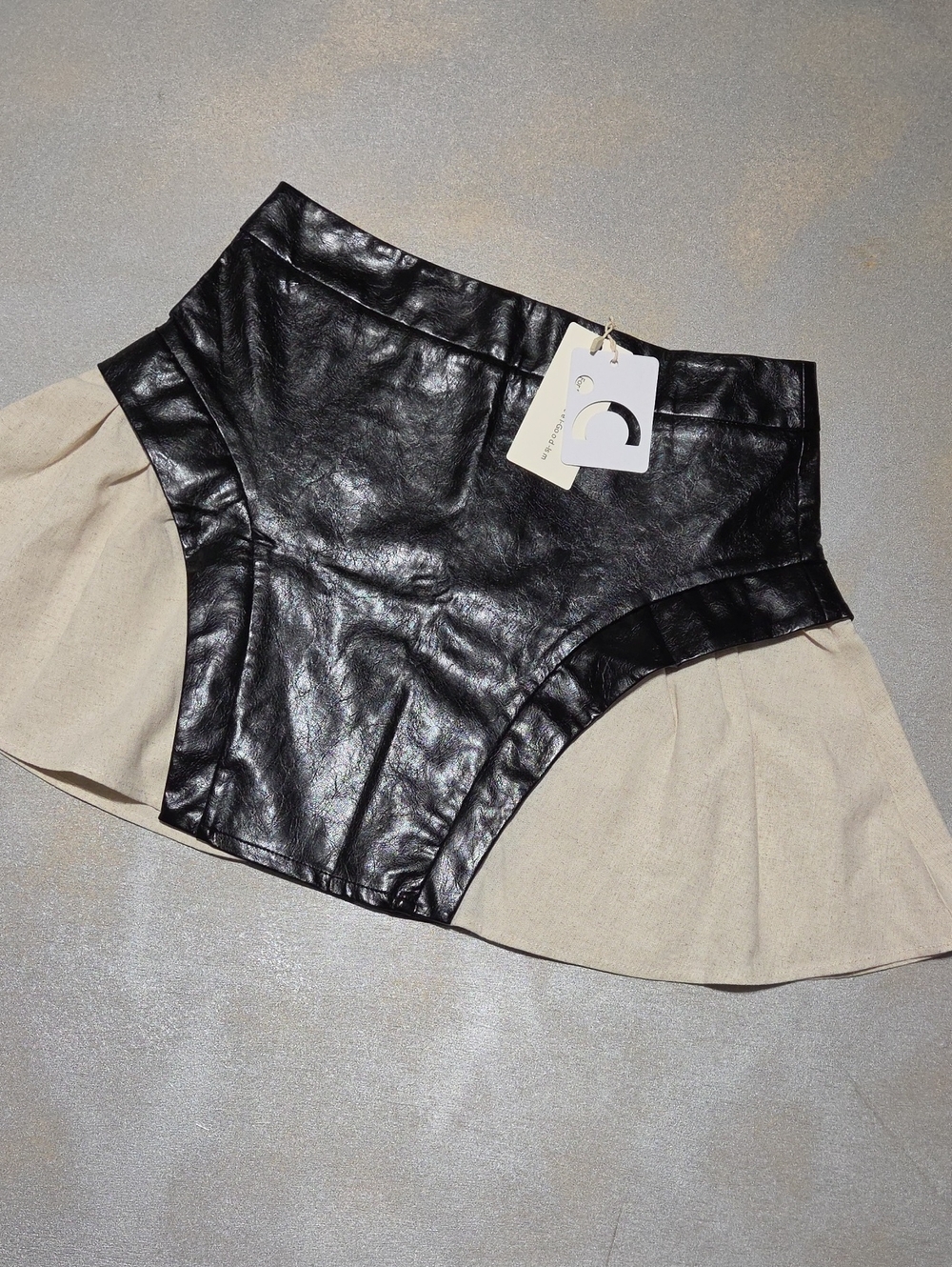 Commense Black Faux Leather & Cream Ruffle Mini Skirt